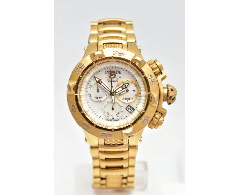 AN 'INVICTA' WRISTWATCH, quartz movement, round mother of pearl dial signed 'Invicta' Chronograph 500 meters, gold tone stain