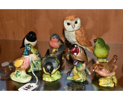 NINE BESWICK BIRDS, comprising Owl model no 2026, Pheasant First Version no 767A, Stonechat 2274, Goldfinch 2273 (glazed over