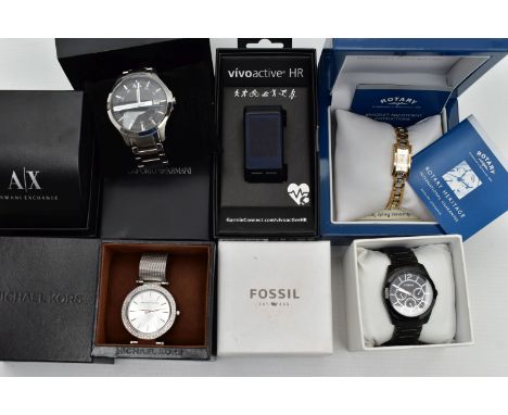 A BOX OF ASSORTED WATCHES, four boxed wristwatches, to include a 'Garmin vivoactive HR, Rotary, Fossil, Michael Kors and Arma