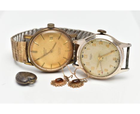 A PAIR OF 9CT GOLD DROP EARRINGS, A TISSOT WRISTWATCH AND A SMITHS WATCH HEAD, the drop earrings, of an oval form, set with a