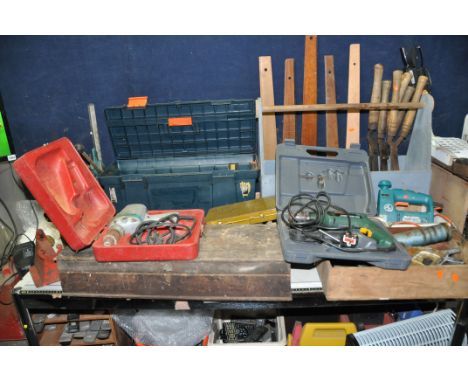 A TOOLBOX, A TOOL CADDY AND A WOODEN BOX CONTAINING TOOLS including a brass blowlamp, a vintage Black and Decker Jigsaw, a vi