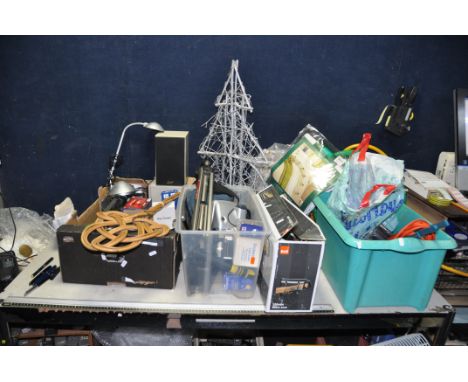 THREE BOXES OF MISC AND TOOLS including a Practika LLC film SLR camera body, a Polaroid Instant camera,awooden step ladder, t