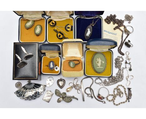A SELECTION OF WEDGEWOOD AND WHITE METAL JEWELLERY, to include five Wedgewood items, to inlude a brooch, two rings, a pair of