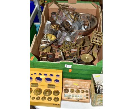 TWO BOXES AND LOOSE SCALES AND WEIGHTS, to include eight sets of postal scales (all in need of some repair), two larger parti