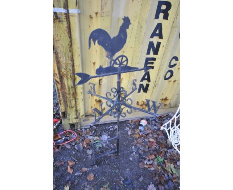 A BLACK PAINTED WROUGHT IRON WALL MOUNTED ROOSTER WEATHER VANE, height 124cm (condition:-partially rusted)