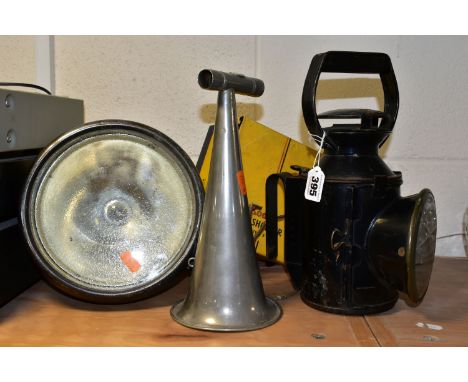 A RAILWAY LAMP AND OTHER ITEMS, the railway lamp stamped 'BR' has red, blue and clear glass, burner present, height to top of