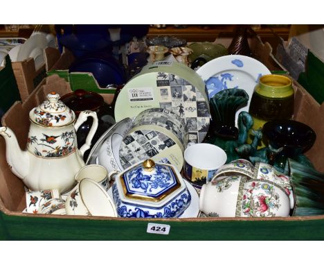 TWO BOXES OF CERAMICS AND GLASS WARES ETC, to include Johnson Brothers 'Indian Tree' cups and saucers, Booths Vellum 'Caylon 