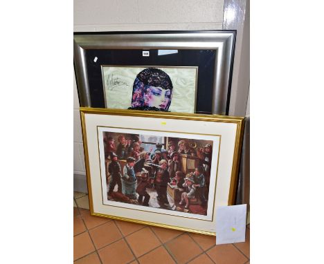 TWO MODERN DECORATIVE PICTURES, comprising M Martino a signed limited edition print collage portrait of a female figure holdi
