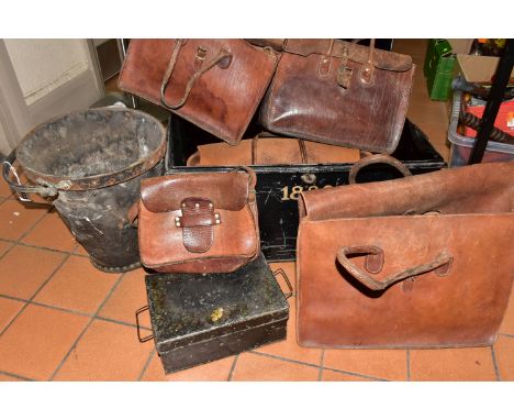 A METAL DEEDS TRUNK DATED 1886 TOGETHER WITH AN 19TH CENTURY LEATHER BUCKET, the bucket height is 32cm x diameter 29cm around