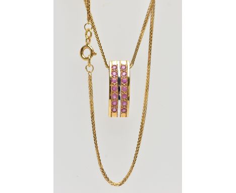AN 18CT YELLOW GOLD PENDANT NECKLACE, the pendant of a curved rectangular form, set with two rows of pink sapphires, unmarked