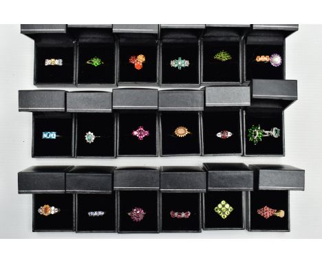 ASSORTED GEM SET RINGS, twenty one colourful gem set dress rings all set in white and yellow metal, each stamped 925, approxi