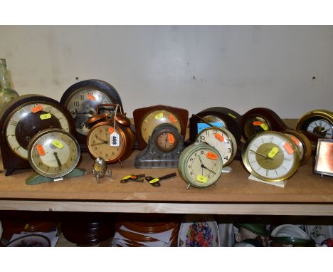 FOURTEEN MANTLE AND ALARM CLOCKS ETC, to include Smiths, Westclox and Bentima. the Bentima clock is a marbled perspex example