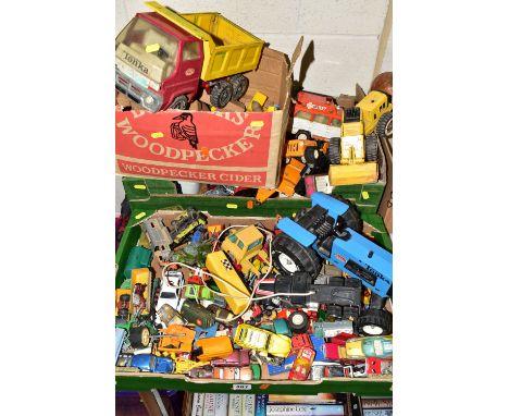 THREE BOXES OF VINTAGE TONKA TOYS, to include a set of wooden building blocks, a 1970's red and yellow Tonka dumper truck, ye