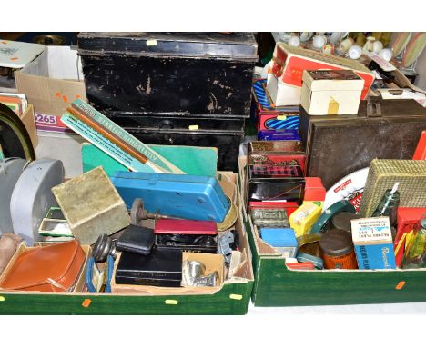 METAL BOXES, ADVERTISING, ELECTRICAL &amp; SUNDRIES to include deed boxes, cash tins, an empty projector case, confectionery 