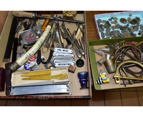 THREE BOXES OF ASSORTED METALWARES, to include a quantity of buttons and studs, seven military kit bag locks, thimbles, a nee