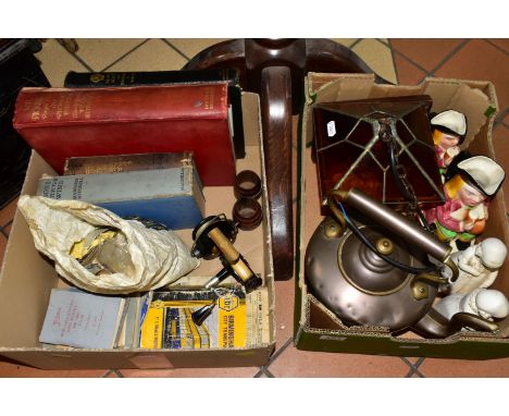 TWO BOXES OF ANTIQUARIAN BOOKS AND ASSORTED ORNAMENTS, to include a Mr. Pickwick pages from the Pickwick Papers illustrations