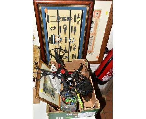 A FLYING GADGET X-CAM 2.4GHZ DRONE AND A COLLECTION OF GLASS MARBLES, the X-Cam comes with an instruction manual and controll