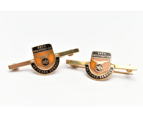TWO 9CT GOLD BAR BROOCHES, yellow gold and enamel brooches commemorating forty and forty five years service at 'Owens Organiz
