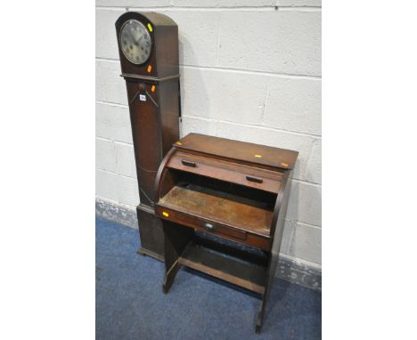 A CHILDS MAHOGANY TAMBOUR DOOR DESK, width 53cm x depth 36cm x height 77cm, and an oak granddaughter clock (condition:-both d