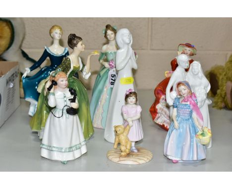 NINE ROYAL DOULTON FIGURINES, comprising Happy Birthday HN3660, Fleur HN2368, Janine HN2461 (marked as second quality, hairli