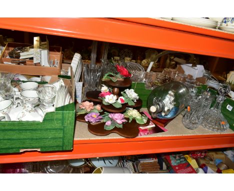 FIVE BOXES AND LOOSE ORNAMENTS, CERAMICS AND GLASS WARES ETC, to include Sadler novelty teapots, four Royal Horticultural Soc