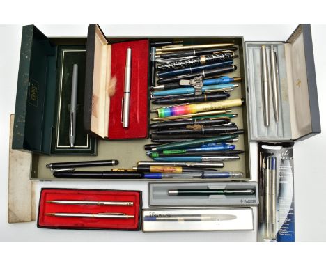 A SELECTION OF FOUNTAIN PENS AND WRITING EQUPIMENT, to include a boxed 'Cross' fountain pen with refills, a boxed 'Parker 45'