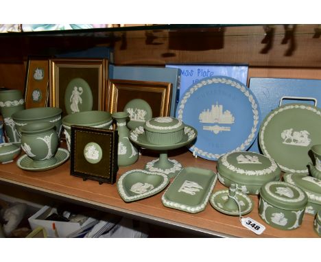 A COLLECTION OF WEDGWOOD JASPERWARE, twenty four pieces mainly in sage green with two pale pieces, to include four framed pla