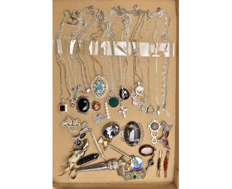 ASSORTED SILVER AND WHITE METAL JEWELLERY, to include a microphone pendant set with colourless cubic zirconia, fitted with a 