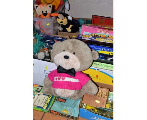 SIX BOXES OF TOYS AND GAMES ETC, to include a quantity of empty Dinky and other diecast toy boxes, majority are aircraft, box