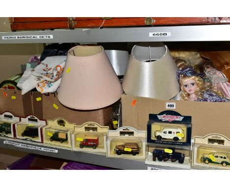 TWO BOXES OF SUNDRIES AND LLEDO MODEL CARS, to include eight boxed Lledo 'Days Gone By'  model vehicles, soft toys, dolls, em