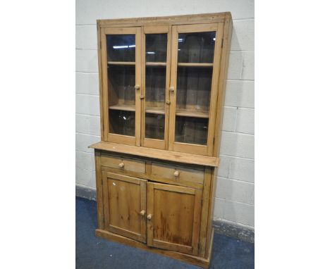 A VICTORIAN PINE BOOKCASE, with double glazed doors, flanking a glazed panel, over a base with two drawers, and double cupboa