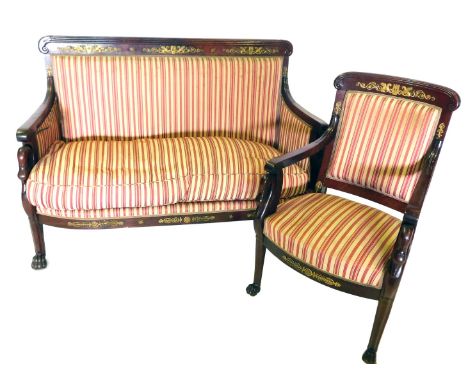 A 19thC suite of French Empire style furniture, with gilt metal mounts and carved swan shaped supports, upholstered in red an