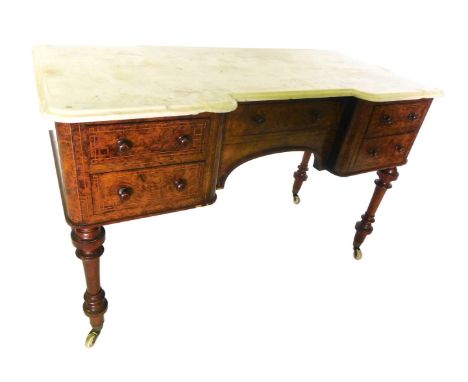 A Victorian figured walnut and boxwood strung inverted breakfront wash stand, the white marble top with a moulded edge, above