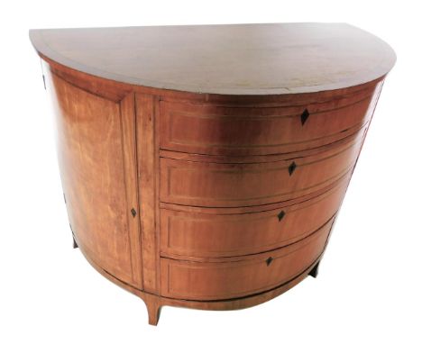 A Continental satinwood and ebony strung demi lune commode, with four graduated hardwood banded drawers, flanked by two doors