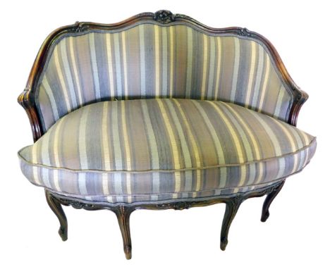 A small late 19th/early 20thC French stained beech show frame sofa, upholstered in striped fabric, on cabriole legs, 114cm wi