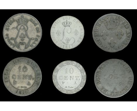 French Colonies, Louis XVIII, Essai 10 Centimes, 1817, by N. Tiolier, in white metal, crowned l flanked by three lis, rev. va