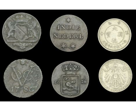Kiau-Chau, Wilhelm II, 5 Cents, 1909 (KM. 1); together with Dutch East Indies, V.O.C., Doits (2), 1786, 1836 [3]. First very 