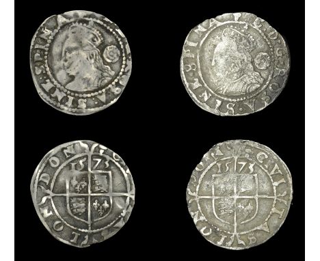 Elizabeth I (1558-1603), Fourth issue, Threehalfpence (2), both 1573, mm. acorn, bust 3G, read e d g rosa sine spina, 0.65g/7