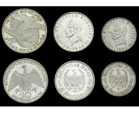 Germany, Third Reich, 5 Reichsmarks and 2 Reichsmarks, 1934f, Schiller (KM. 84-5); Federal Republic, 10 Marks, 1972j (KM. 131