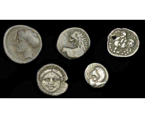 Greek Coinages, THRACO-MACEDONIAN TRIBES, Mygdones?, Diobol, 490-70, goat kneeling left, head reverted, two pellets around as