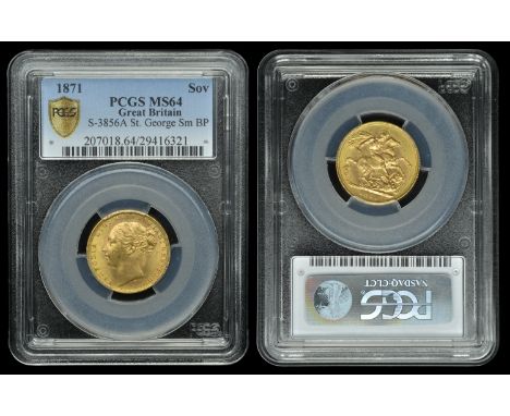 Victoria (1837-1901), Sovereign, 1871, St. George rev., small bp (M 84; S 3856A). Almost as struck [slabbed PCGS MS 64] £600-