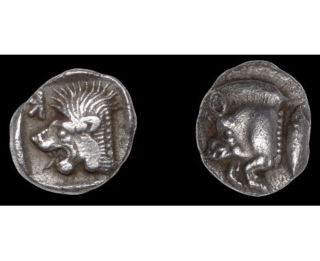 Greek Coinages, MYSIA, Kyzikos, Obol, 450-400, forepart of bear to left, tunny fish behind, rev. lion’s head, k above, 0.81g 