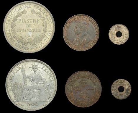 French Indo-China, Piastre, 1900a (KM. 5a.1); HONG KONG, Victoria, Mil, 1866 (KM. 3), George V, Cent, 1926 (KM. 16) [3]. Very