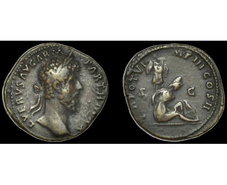 Roman Imperial Coinage, Lucius Verus, Sestertius, Rome, 165-6, laureate bust right, rev. bound Parthian seated below trophy, 