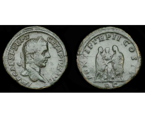 Roman Imperial Coinage, Geta, Sestertius, Rome, 210, laureate bust right, slight drapery over shoulder, rev. Caracalla and Ge