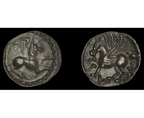 British Iron Age, CATUVELLAUNI, Tasciovanus, Unit, griffin right within border of rings and pellets, rev. Pegasus left, tas b