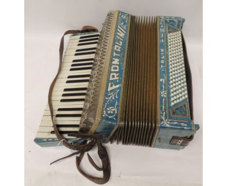 A Frontalini Italian piano accordion in turquoise marbled plastic and paste set case and white metal fret panel