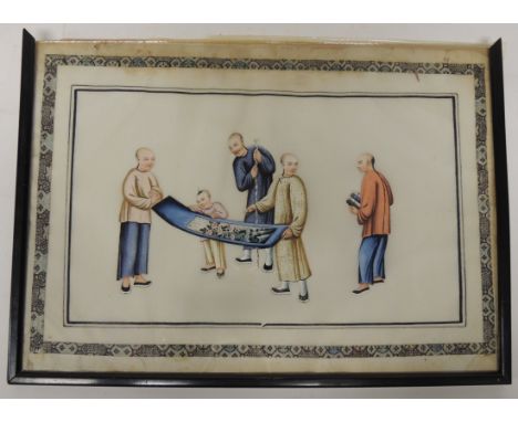 Four Chinese gouache paintings, each colourful picture on pith paper and depicting various scenes including young scholars lo