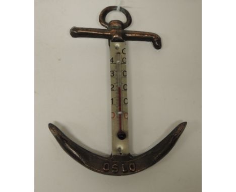 A novelty souvenir anchor thermometer marked "Oslo", the copper anchor with thermometer mounted centrally, 15.5cms high