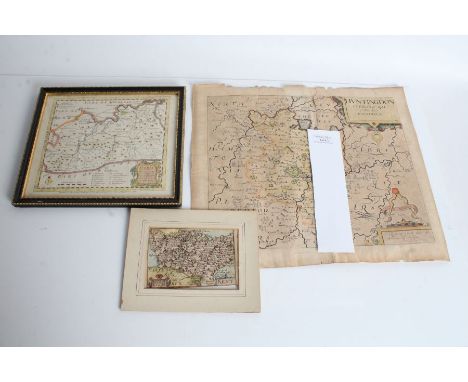 Three coloured maps, Christopher Saxton map of Huntingdon, 33cm wide, 27cm high, small map of Kent from John Speed's Theatre 